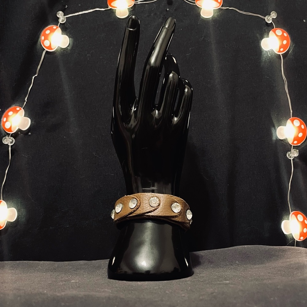 Brown Leather Bracelet w/ Rhinestone Accents